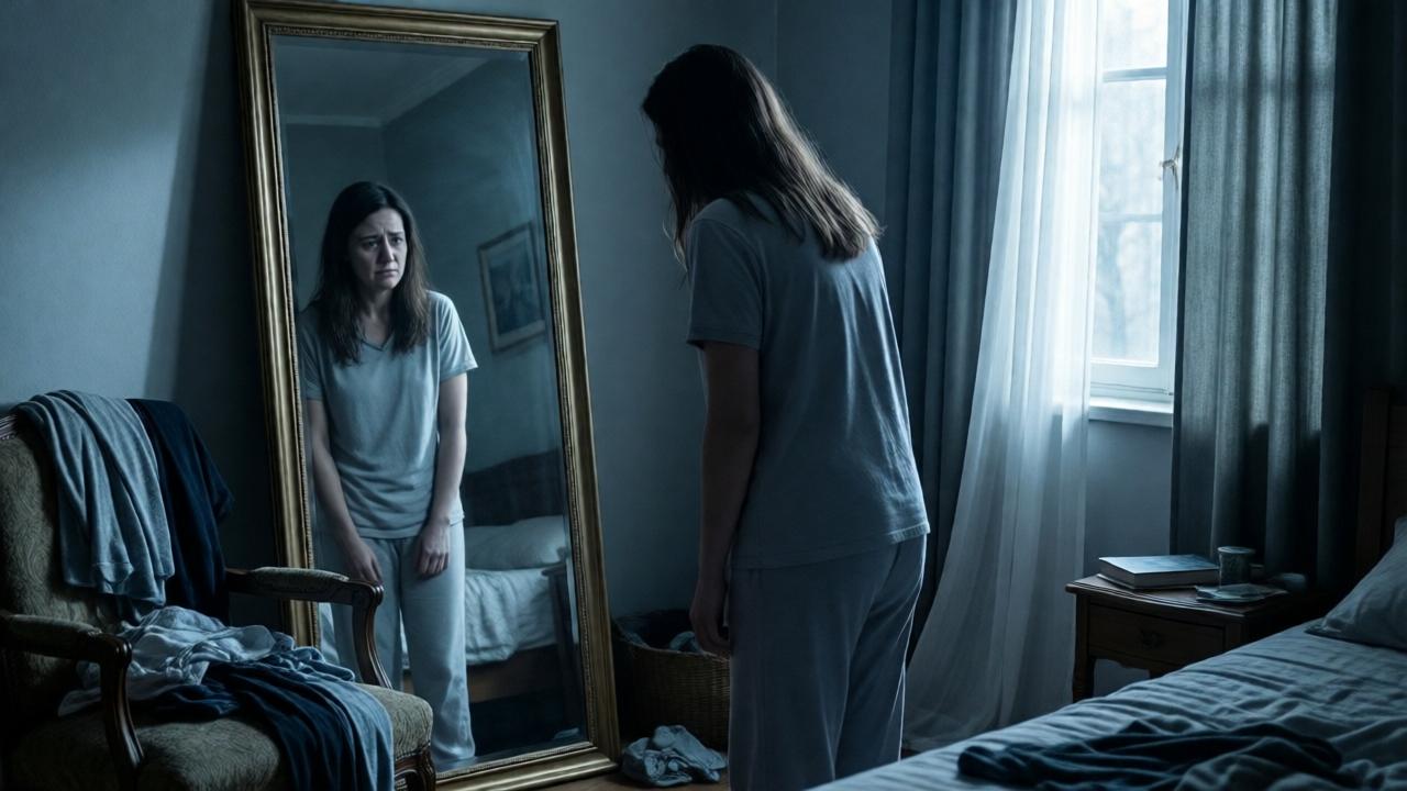 A cinematic, emotionally charged scene in a dimly lit bedroom. A woman, Carmen, stands before a full-length mirror, her posture slumped and defeated. She wears simple pajamas. Her reflection shows a face etched with sadness and exhaustion. The room is messy, with clothes on a chair, conveying a sense of neglect. Soft, cold morning light filters through a half-open curtain, casting long shadows and highlighting the emotional weight of the moment. The color palette is desaturated blues and grays, focusing entirely on her solitary figure and the profound decision in her eyes.