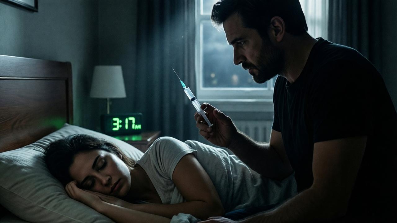 A tense, close-up shot from a hidden camera's perspective. The scene is a dark bedroom, illuminated only by the faint green glow of a digital clock reading 3:17 AM. In the bed, Carmen is asleep, her face peaceful. Standing over her is the silhouette of a man, Pedro. He is holding a syringe, its needle catching a sliver of moonlight from the window. His expression is cold, calculated, and devoid of any love, a stark contrast to her vulnerable state. The composition is tight and claustrophobic, emphasizing the intrusion and betrayal. The mood is one of supreme suspense and horror.