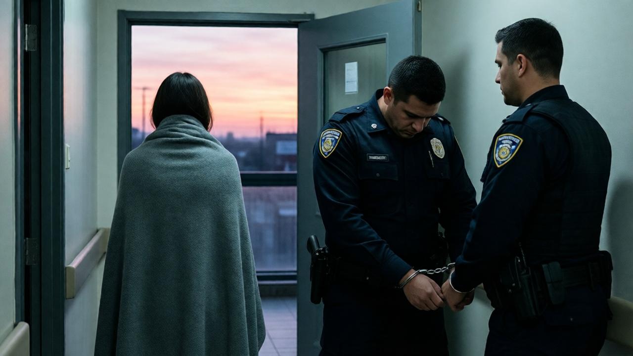A powerful, dramatic resolution scene at the apartment doorway. Carmen is seen from behind, wrapped in a grey police blanket, standing strong. In the foreground, two police officers are leading Pedro away in handcuffs. His head is bowed, his earlier arrogance gone. The hallway is starkly lit by fluorescent lights, creating a cold, judicial atmosphere. The focus is on the emotional distance between the two figures—the betrayed and the betrayer. Outside the open door, dawn is breaking, casting a soft, hopeful pink and orange light into the corridor, symbolizing Carmen's painful but newfound freedom from the nightmare.