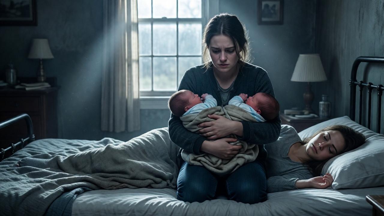A dramatic, cinematic scene in a dimly lit rural Kentucky bedroom at dawn. A young woman, Emily, kneels by a simple bed, her face etched with grief and resolve, cradling two newborn twins wrapped in a single worn blanket. Her best friend Olivia lies pale and still on the bed, one hand limply fallen to the side. The lighting is stark, with a single shaft of morning light cutting through a dusty window, illuminating the dust motes and the profound sadness in the room. The color palette is muted: cold blues, grays, and the stark white of the sheets, with the only warmth coming from the babies' skin. The composition is intimate and heartbreaking, focusing on the transfer of life and responsibility.