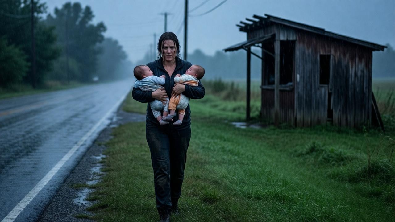 A wide, atmospheric shot on a rain-lashed country road at dusk near Louisville, Kentucky. Emily, drenched and exhausted, is a small, determined figure walking along the grassy verge, clutching two bundled infants tightly to her chest. Her clothes are soaked and muddy, her hair plastered to her face. In the background, barely visible through the sheets of rain and gathering gloom, is the silhouette of a dilapidated wooden roadside stall with a partially collapsed roof. The mood is one of utter desolation and dogged perseverance. The colors are cool and monochromatic—deep blues, grays, and muddy browns—with the faint, warm glow of the babies' bundles providing the only visual and emotional warmth in the scene.