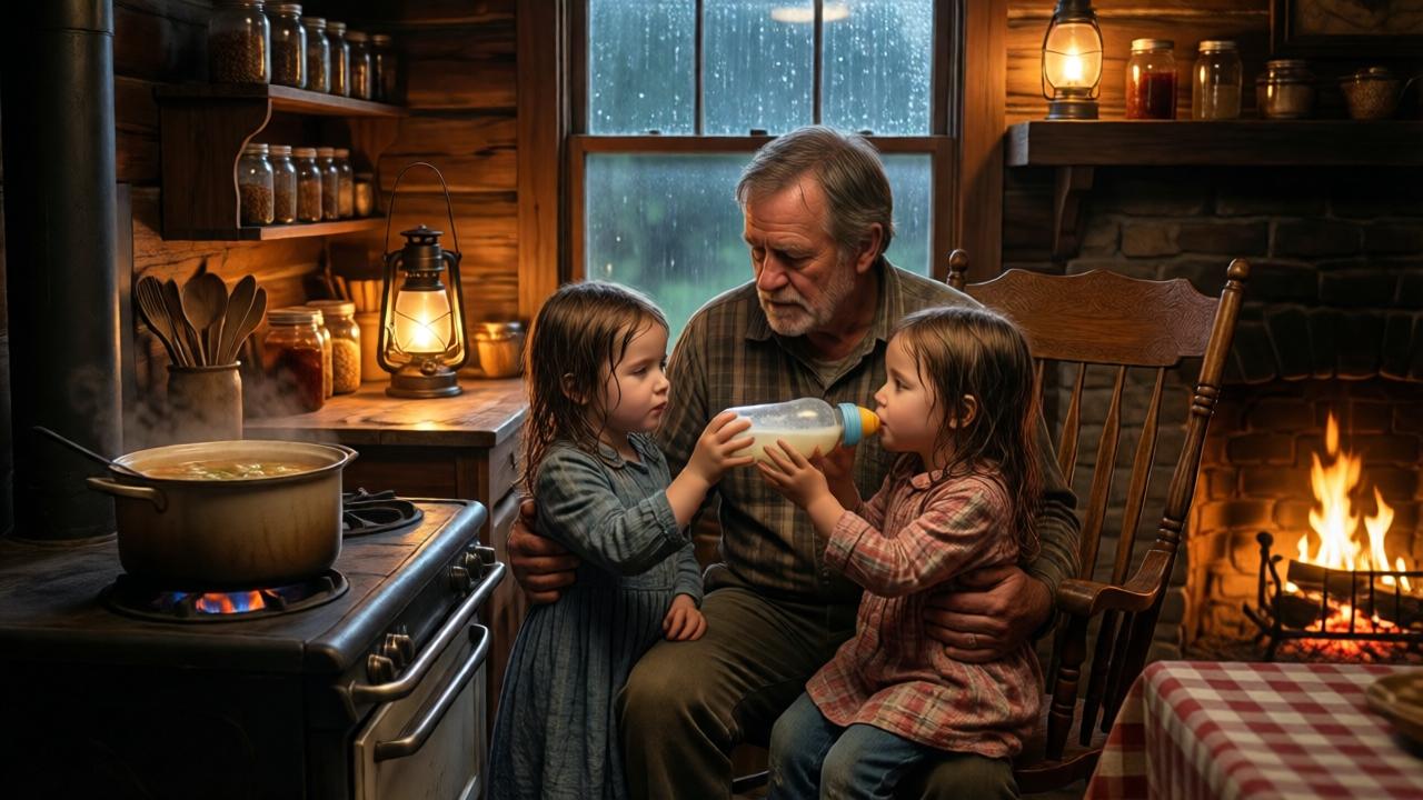 A warm, poignant interior scene in a cozy, rustic Kentucky farmhouse kitchen. An elderly man, Mr. Henry, is gently feeding a bottle to one twin while Emily, her hair still damp from the rain, feeds the other. A pot of soup simmers on an old stove, and the room is filled with a golden, safe glow from a lantern and the fireplace, contrasting sharply with the dark, rain-streaked window outside. The composition focuses on the newfound safety and human connection. The mood is one of profound relief and the beginning of hope. Details like a worn rocking chair, shelves of mason jars, and a checkered tablecloth add to the authentic, heartfelt atmosphere.