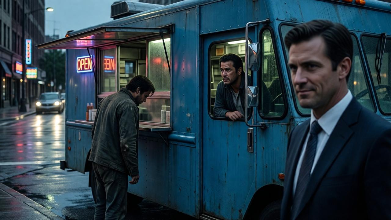 Cinematic wide shot of a weathered blue food truck parked on a dimly lit, rain-slicked Houston street corner at dusk. The truck's 'OPEN' sign glows faintly. A man in worn, dark clothing stands hesitantly before the counter, his posture defeated. Inside the truck, a Latino man in his late 30s, Daniel, looks out with a conflicted, pained expression. A well-dressed businessman in the foreground looks on with a cold, dismissive smirk. The mood is tense, somber, with deep shadows and highlights of neon from distant signs. Style: dramatic, high-contrast lighting, reminiscent of a film noir scene.
