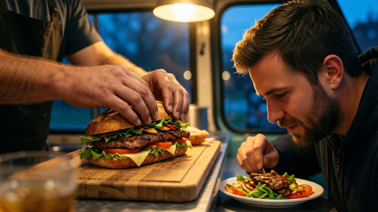 An intimate, close-up shot inside the food truck. Daniel's hands are carefully assembling a generous sandwich on a wooden board—layers of grilled meat, fresh vegetables, and cheese on artisanal bread. The focus is on his hands, which show both wear and care. In the soft foreground bokeh, the hungry man sits at the small counter, head slightly bowed over the meal, his expression one of profound gratitude and contained emotion. Warm, golden light from the truck's interior lamp creates a halo effect, contrasting with the cool blue night outside the window. Style: emotive, detailed, with a painterly quality.
