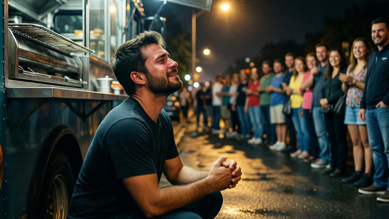 A powerful, hopeful concluding shot from a low angle behind the food truck. Daniel is on his knees on the wet pavement, face lifted upward, eyes closed, with tears glistening on his cheeks under the streetlight. His hands are clasped in front of him. In the vibrant background, out of focus, a long, cheerful line of customers still waits, their forms blurred into a tapestry of light and color. The empty, clean grill is visible inside the truck's window. The mood is one of profound relief, victory, and spiritual resolution. Style: cinematic, emotionally charged, with dramatic lighting that highlights Daniel as the focal point of a quiet, personal miracle.