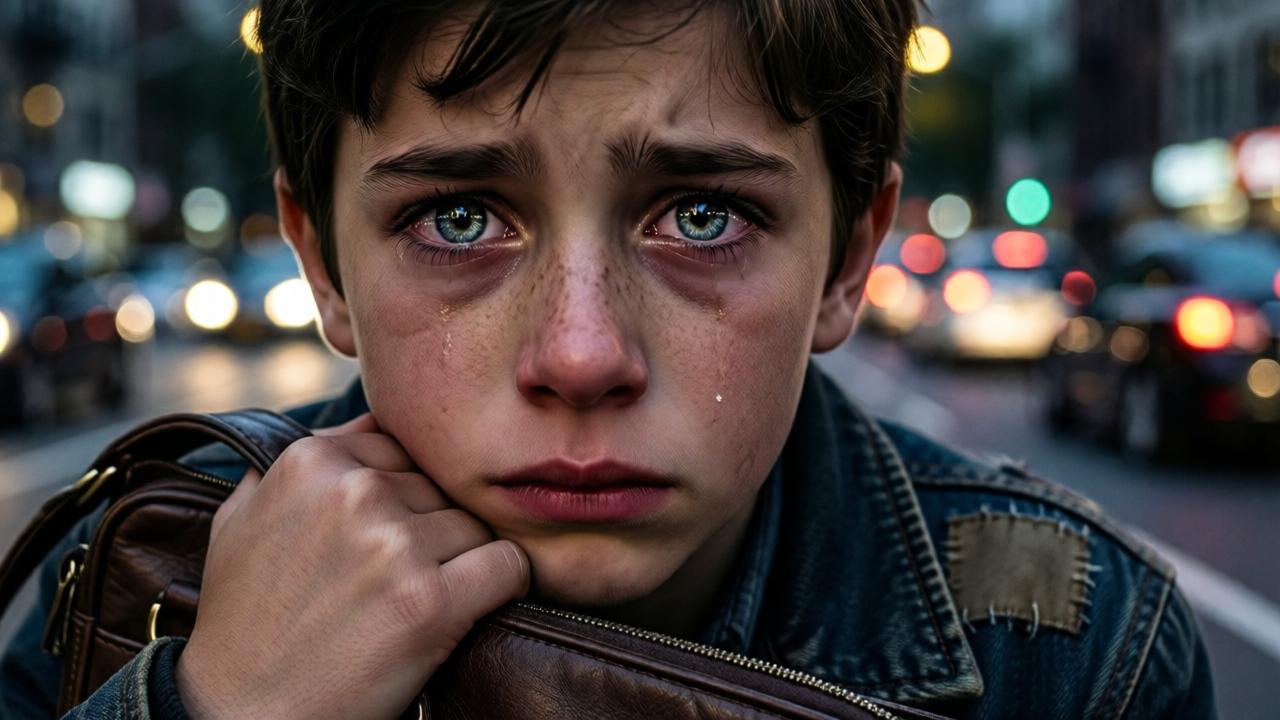 Extreme close-up on the boy's face, filled with intense internal conflict. His eyes are wide, reflecting the glow of city lights, shimmering with unshed tears. One hand clutches the leather handbag tightly against his patched jacket. The background is a soft, out-of-focus blur of evening traffic and lights, isolating his moment of decision. The style is hyper-realistic, capturing every freckle, every flicker of emotion—fear, longing, and dawning resolve. The lighting is chiaroscuro, with deep shadows and a single highlight in his eyes.