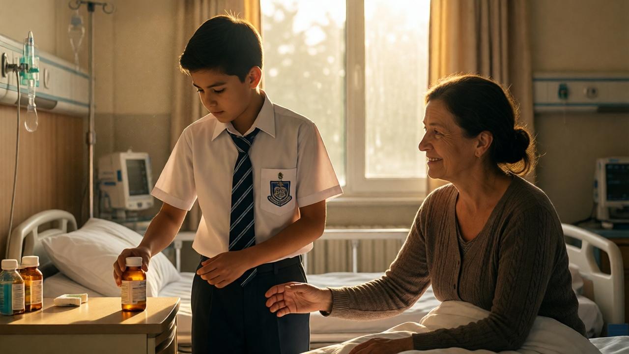 A warm, hopeful scene in a sunlit hospital room weeks later. Noah, now in a crisp, clean school uniform, carefully places a bottle of medicine on the bedside table. His mother, looking frail but smiling softly, reaches a hand toward him from the bed. A shaft of morning sunlight streams through the window, illuminating dust motes and bathing them in a golden, peaceful glow. The composition is intimate and vertical, focusing on the connection between mother and son, the medicine symbolizing hope, and the uniform symbolizing a new future. The mood is one of profound relief and quiet joy.