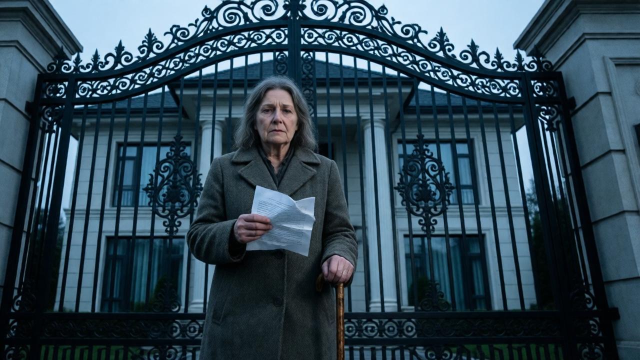 A dramatic, cinematic shot from a low angle. An elderly woman in a simple, worn coat stands before immense, ornate black iron gates of a modern mansion. She clutches a crumpled paper in one hand and a wooden cane in the other. The lighting is the cold, grey-blue of late afternoon, casting long shadows. Her expression is a mixture of determination and profound sorrow. The composition emphasizes her smallness against the imposing, luxurious property.
