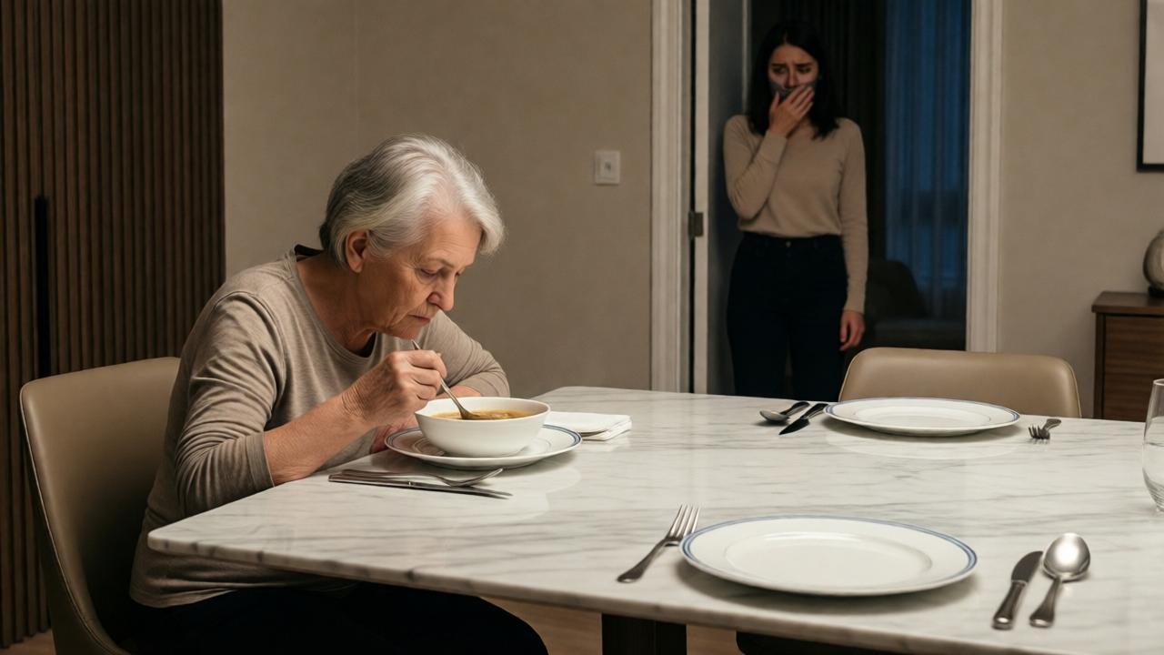 An intimate, emotionally charged scene in a stark, ultra-modern dining room. An elderly woman, now clean and in simple but tidy clothes, eats soup quickly at a vast, minimalist marble table. A beautifully set, untouched place sits opposite her. A younger woman stands in the background, partially silhouetted in the doorway, her face a mask of dawning horror and pity, one hand covering her mouth. The lighting is warm but feels isolating, highlighting the lonely figure at the table.