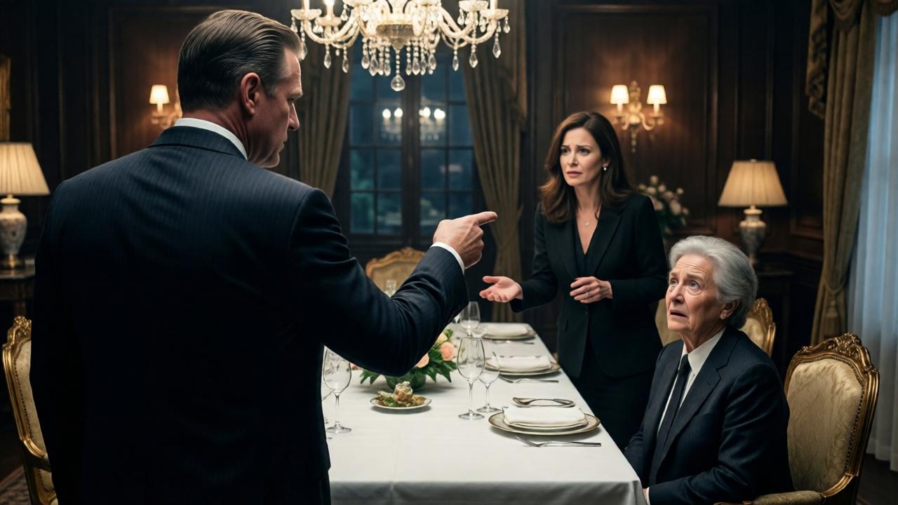 A high-contrast, tense confrontation. A billionaire in an impeccable suit stands in the foreground, his back to the viewer, pointing accusingly towards his wife. In the background, at a luxurious dining table, his elderly mother looks up, her face a landscape of shock and ancient hurt. The wife stands between them, one hand outstretched in a placating gesture, her expression shattered. Dramatic lighting from the chandelier creates sharp shadows, emphasizing the moral and emotional divide between the characters.