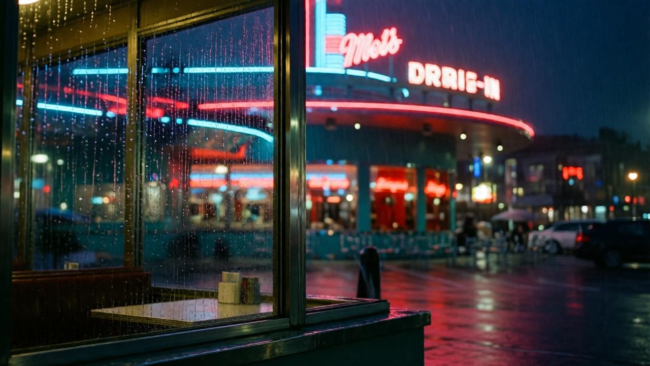 Ein verregneter Nachtszene vor einem amerikanischen Diner, Neonlichter in Rot und Blau verschwimmen im Regen auf der Fensterscheibe, drinnen warmes, gedämpftes Licht, leicht unscharfe Spiegelungen, film noir Ästhetik, melancholische Stimmung, Weitwinkelaufnahme von außen.