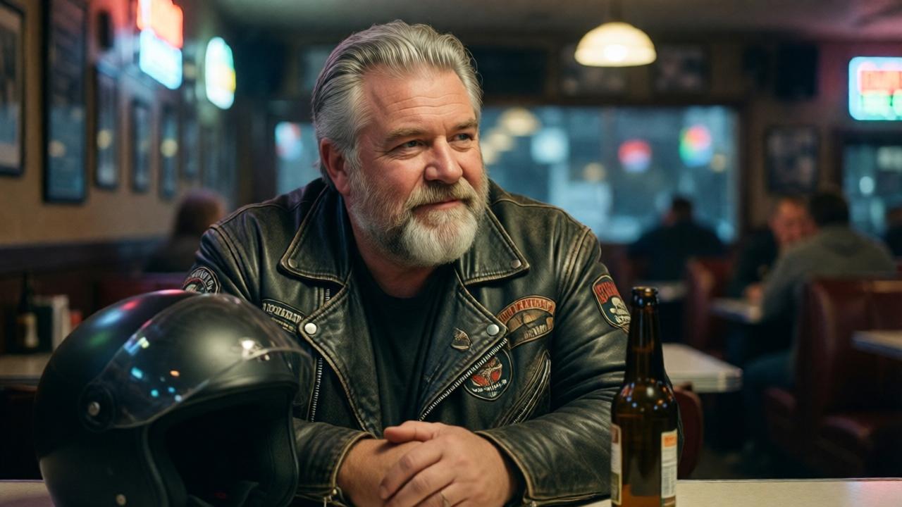 In einer schummrigen Dinerkneipe sitzt ein älterer, breit gebauter Biker mit silbernem Haar und grauem Bart an der Theke, trägt eine verwitterte Lederjacke mit Aufnähern, vor ihm ein schwarzer Helm und eine leere Bierflasche, sein Blick ist ruhig und nachdenklich, weiches Neonlicht, leichte Körnung, nostalgische Atmosphäre.