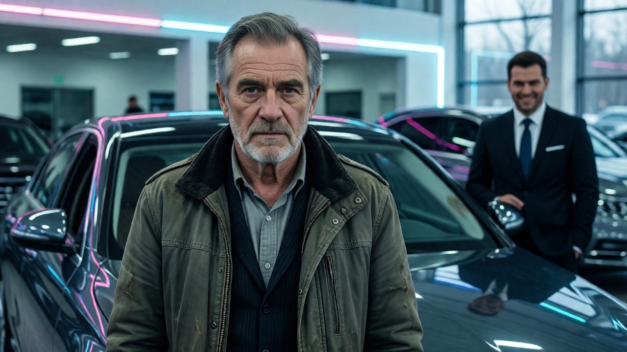 Ein älterer Herr in einer abgetragenen, staubigen Jacke steht ruhig vor einem glänzenden, teuren Auto in einem hell erleuchteten Autohaus. Im Hintergrund ein arrogantes Lächeln eines Verkäufers. Atmosphäre: angespannt, kalt, Neonlicht reflektiert auf poliertem Lack.