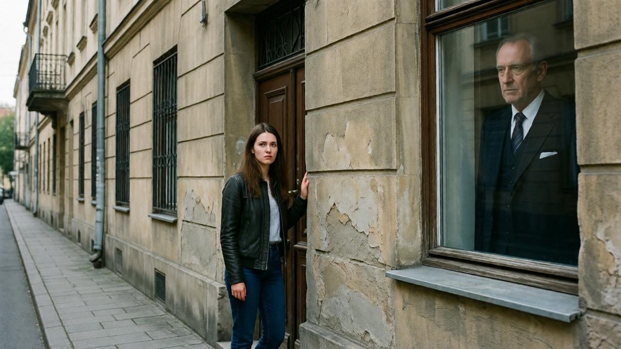 Ein unscheinbares Gebäude in einer ruhigen Seitenstraße. Eine junge Frau steht zögernd vor der Tür, während im Fenster die Silhouette eines älteren Herrn in einem eleganten Anzug erscheint. Licht: weiches Tageslicht, leichte Spannung im Blick der Frau.