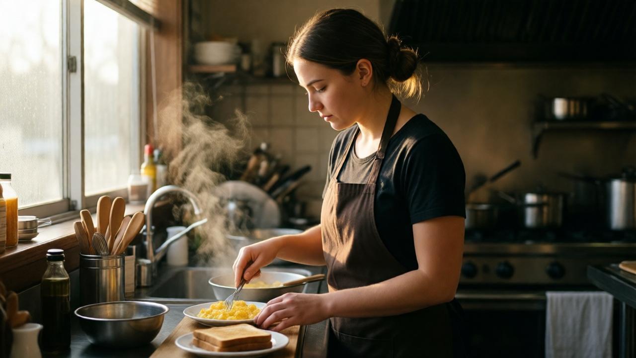 Eine junge Kellnerin in einer gemütlichen, schwach beleuchteten Diner-Küche bereitet leise Rührei und Toast zu, während der Morgennebel durch das Fenster hereinströmt. Weiches warmes Licht fällt auf ihre Hände, die Atmosphäre ist ruhig und voller stiller Hingabe.