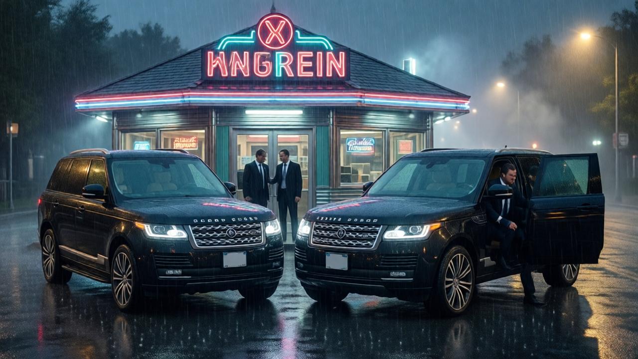 Zwei elegante schwarze SUVs halten vor einem kleinen, neongeschmückten Diner bei starkem Regen. Die nassen Karosserien spiegeln die Lichter der Straße, während drei Männer in dunklen Anzügen aussteigen. Die Szene ist dramatisch und neblig, eine Mischung aus Spannung und Geheimnis.