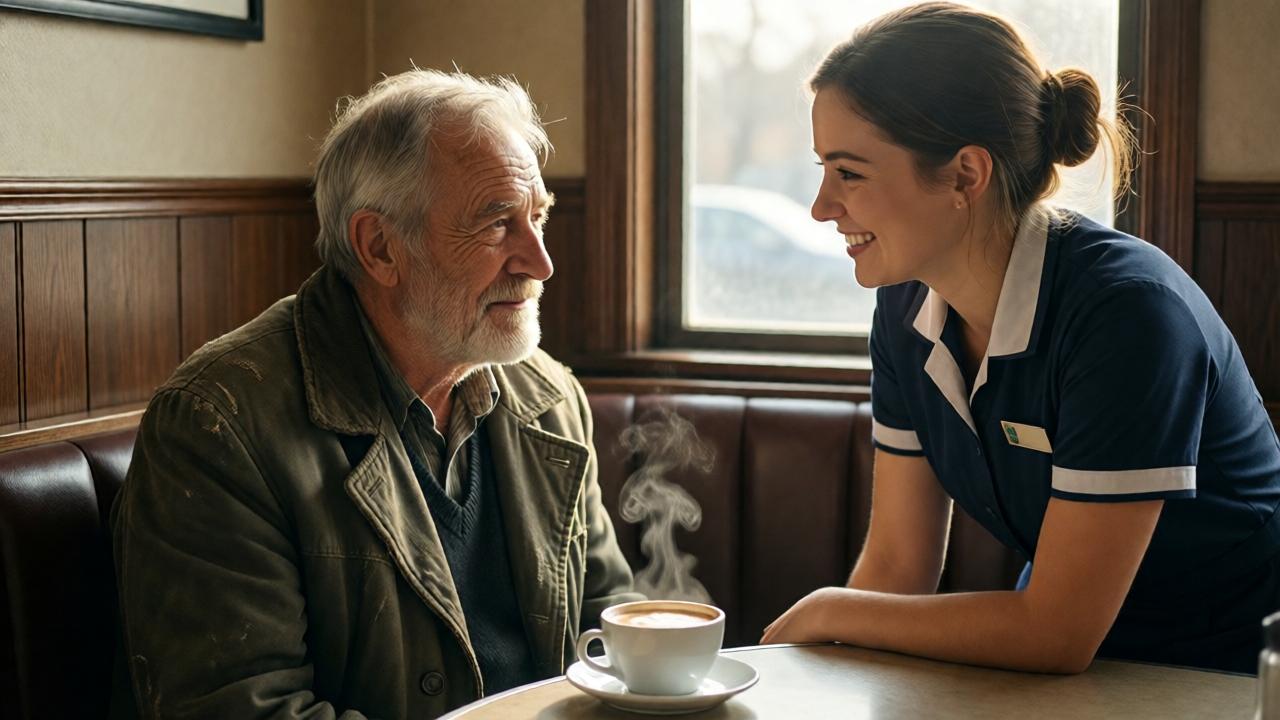 Ein älterer Mann in einem abgenutzten Mantel sitzt an einer Ecknische im Diner, eine dampfende Tasse Kaffee vor sich. Die junge Kellnerin schenkt ihm ein warmes Lächeln, das durch die sanfte Morgensonne, die durch das Fenster fällt, noch betont wird. Der Blick zwischen ihnen ist voller stiller Dankbarkeit und Menschlichkeit.