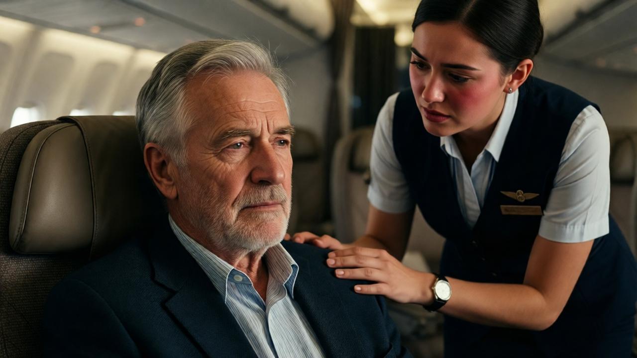 Ein älterer Herr mit ergrautem Haar sitzt ruhig in einem erstklassigen Flugzeugsitz, das weiche Licht der Kabine beleuchtet sein müdes, aber entschlossenes Gesicht, während ein junger Angestellter in Uniform mit geröteten Wangen und zitternden Händen vor ihm steht, dramatische Schatten und warme Töne, filmischer Stil, enge Kameraeinstellung.
