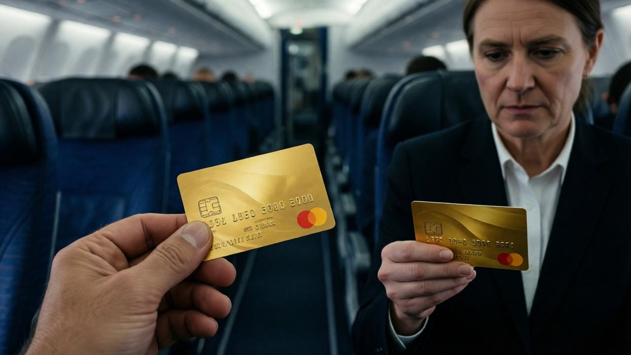 Zwei identische goldene Kreditkarten schimmern im gedämpften Licht einer Flugzeugkabine, eine in der Hand eines älteren Herrn, die andere in der eines blassen Angestellten, symbolische Nahaufnahme mit verschwommenem Hintergrund von Sitzreihen, emotionale Spannung, elegante und ruhige Komposition.