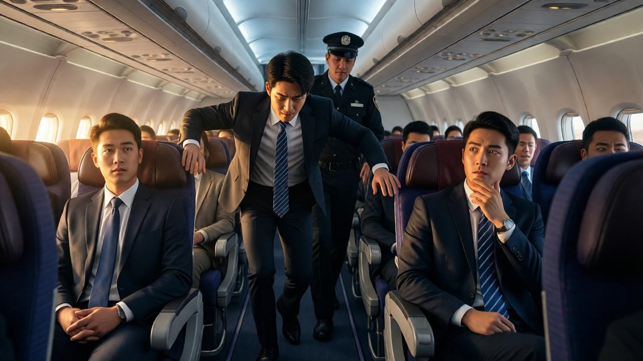 Ein junger Angestellter in Anzug stolpert den Gang eines Flugzeugs hinunter, gefolgt von einer Sicherheitskraft, während Passagiere in der ersten Klasse in ehrfürchtiger Stille verharren, das Licht der Abendsonne fällt durch die Fenster und erzeugt lange Schatten, atmosphärisch und dramatisch, Weitwinkelperspektive.