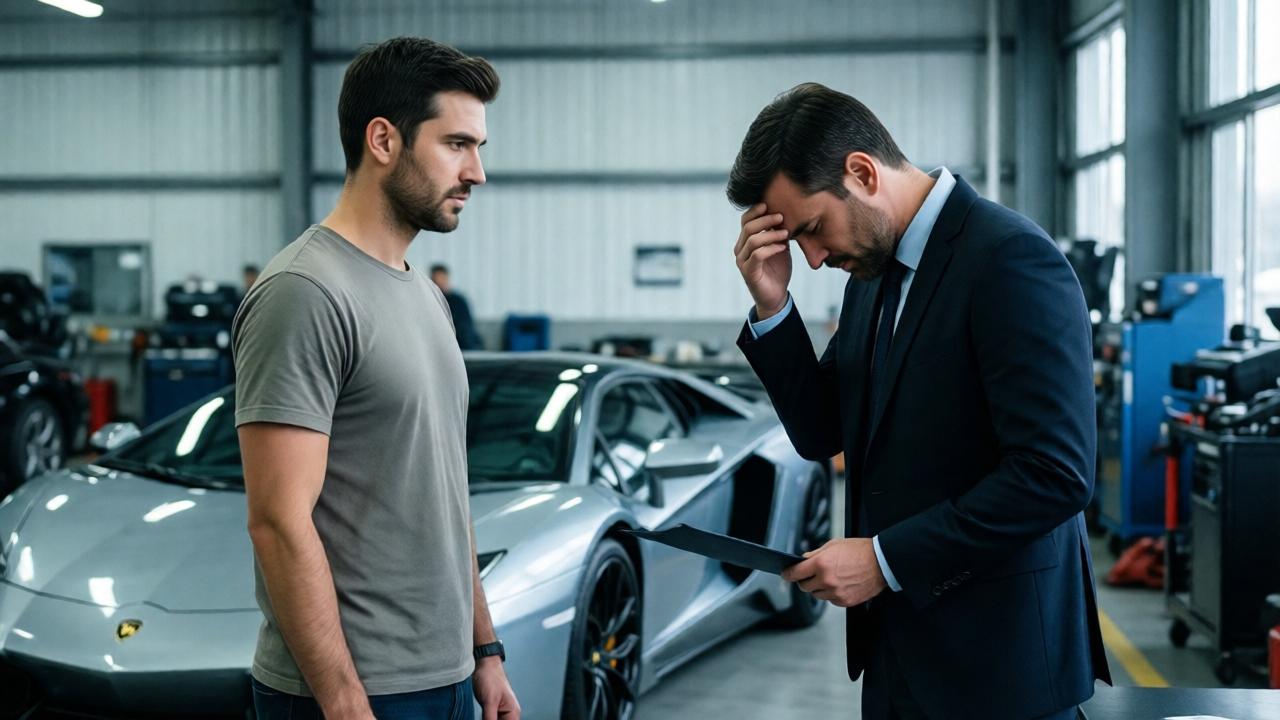 Ein Mann in einfacher Kleidung steht aufrecht vor einem elegant gekleideten Autohändler in einer Werkstatt, der Händler senkt beschämt den Kopf, im Hintergrund ein glänzender Sportwagen, das Licht ist kühl und hart, die Szene strahlt stille Entschlossenheit aus – Stil: dramatisch, Kontrast zwischen den Figuren, leichte Untersicht für den Vater, Bildkomposition: mittlere Einstellung.