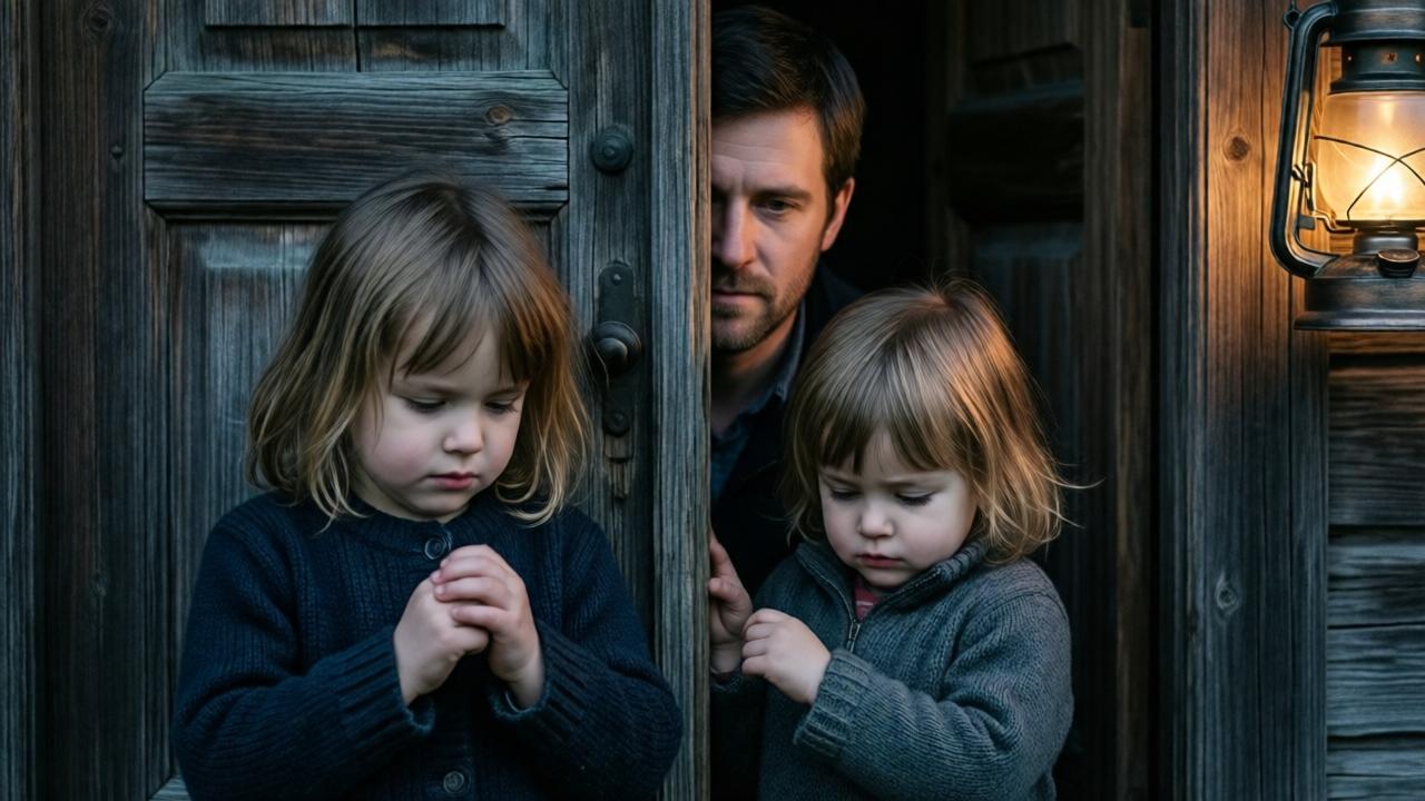 Ein kalter, stiller Abend vor einer alten Holztür, zwei kleine Kinder mit zitternden Händen und gesenkten Blicken, das halb geöffnete Gesicht eines Mannes im Schein einer schwachen Laterne, melancholische Stimmung, softes Licht, Nahaufnahme, fotografischer Stil