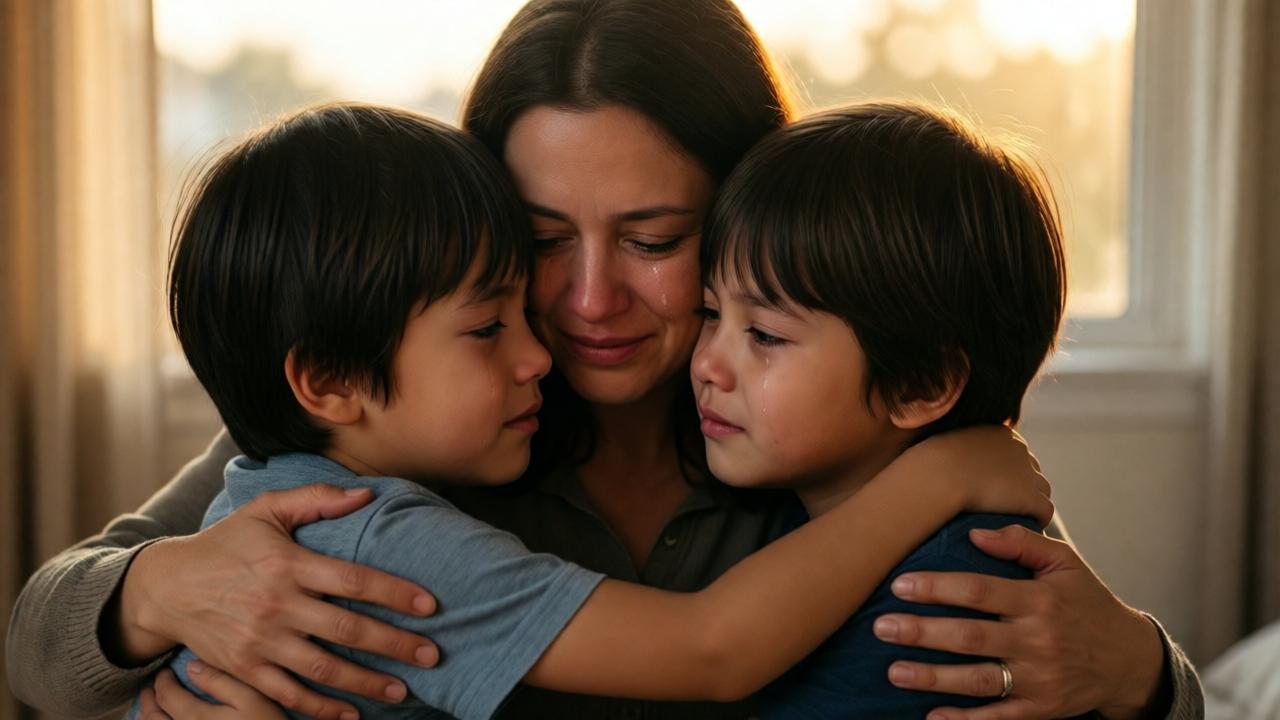 Zwei Kinder umarmen eine Frau innig, die Arme der Frau halten sie beschützend, tränenüberströmte Wangen, warmes Abendlicht aus dem Fenster, zärtliche Geste, leichte Unschärfe im Hintergrund, emotionale Nahaufnahme, cineastische Beleuchtung