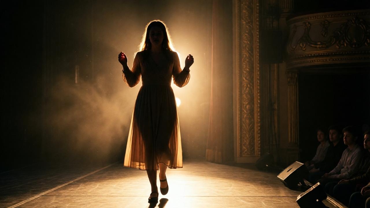 Eine zierliche Silhouette tritt aus dem Halbdunkel in einen warmen Lichtkegel auf der Bühne, die Hände zittern leicht, der Geruch von Samt und Staub liegt in der Luft – theaterträumerische Stimmung mit nostalgischer Beleuchtung und einer jungen Gestalt, die aus der Bühnengasse zusieht.