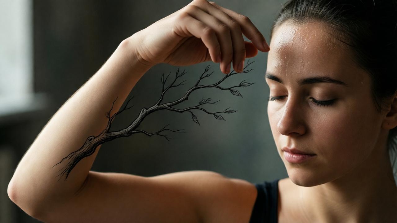 Nahaufnahme eines dünnen Armes, der wie ein Ast eine unsichtbare Geschichte in die Luft zeichnet, die Tänzerin mit geschlossenen Augen und Schweißperlen auf der Stirn, sanftes Seitenlicht modelliert die Falten und die Anmut – poetisch, ehrwürdig, melancholisch inspiriert.