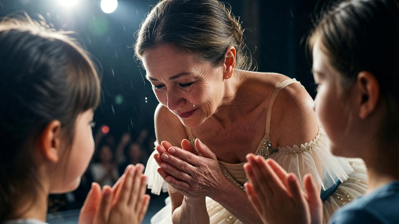 Eine ältere Ballerina verbeugt sich tief nach einem stürmischen Applaus, eine einzelne Träne rollt über ihre Wange und funkelt wie ein Diamant im grellen Bühnenlicht, im Vordergrund unscharf der junge Beobachter – emotionale Geste, intensive Atmosphäre, dramatischer Kontrast.